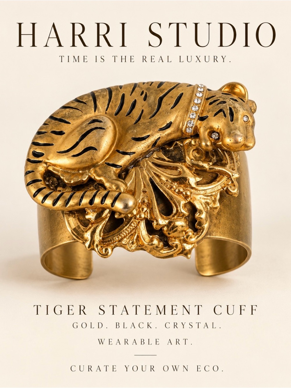 Vintage Gold Sculpted Tiger Cuff Bracelet